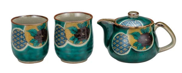 九谷焼 くつろぎ茶器セット 緑地に丸紋