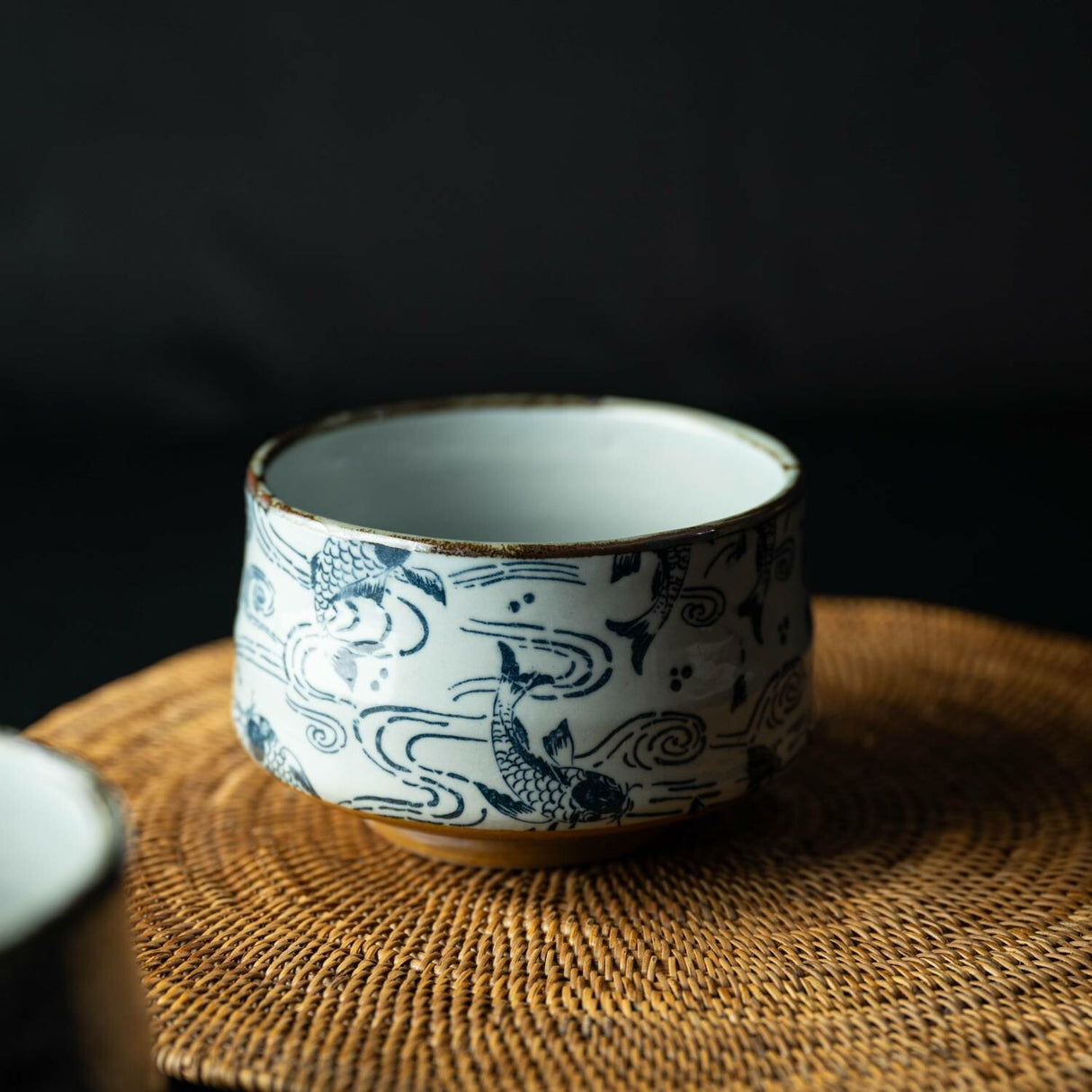 Carp in Waves Pattern Matcha Bowl in Wooden Gift Box