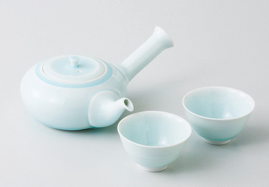 Saikai Ceramics: Hasamiyaki Blue Porcelain Kyusu Set - Tea Pot + Two Tea Cups