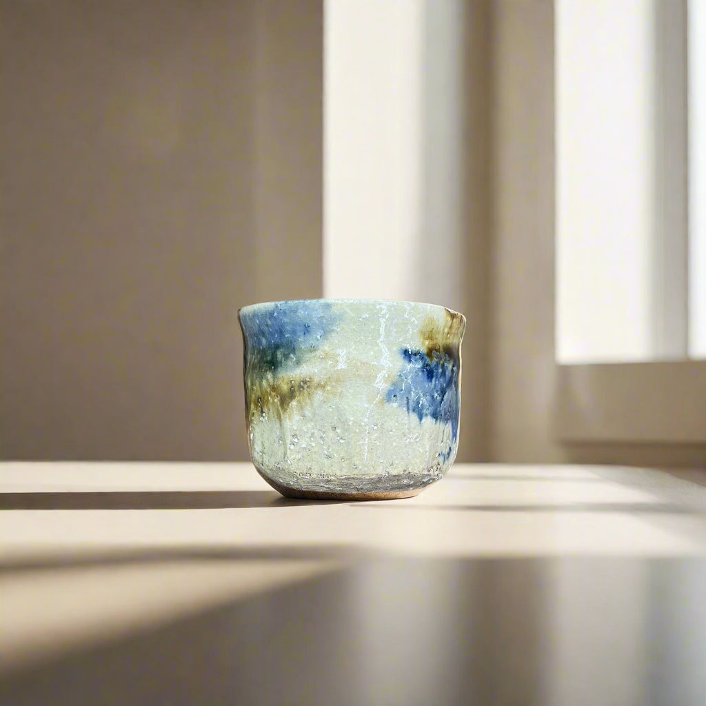 Keizan Kiln: Handcrafted Mingei Oribe Guinomi Cup with Wooden Box 桂山作:手造り民藝織部ぐい呑