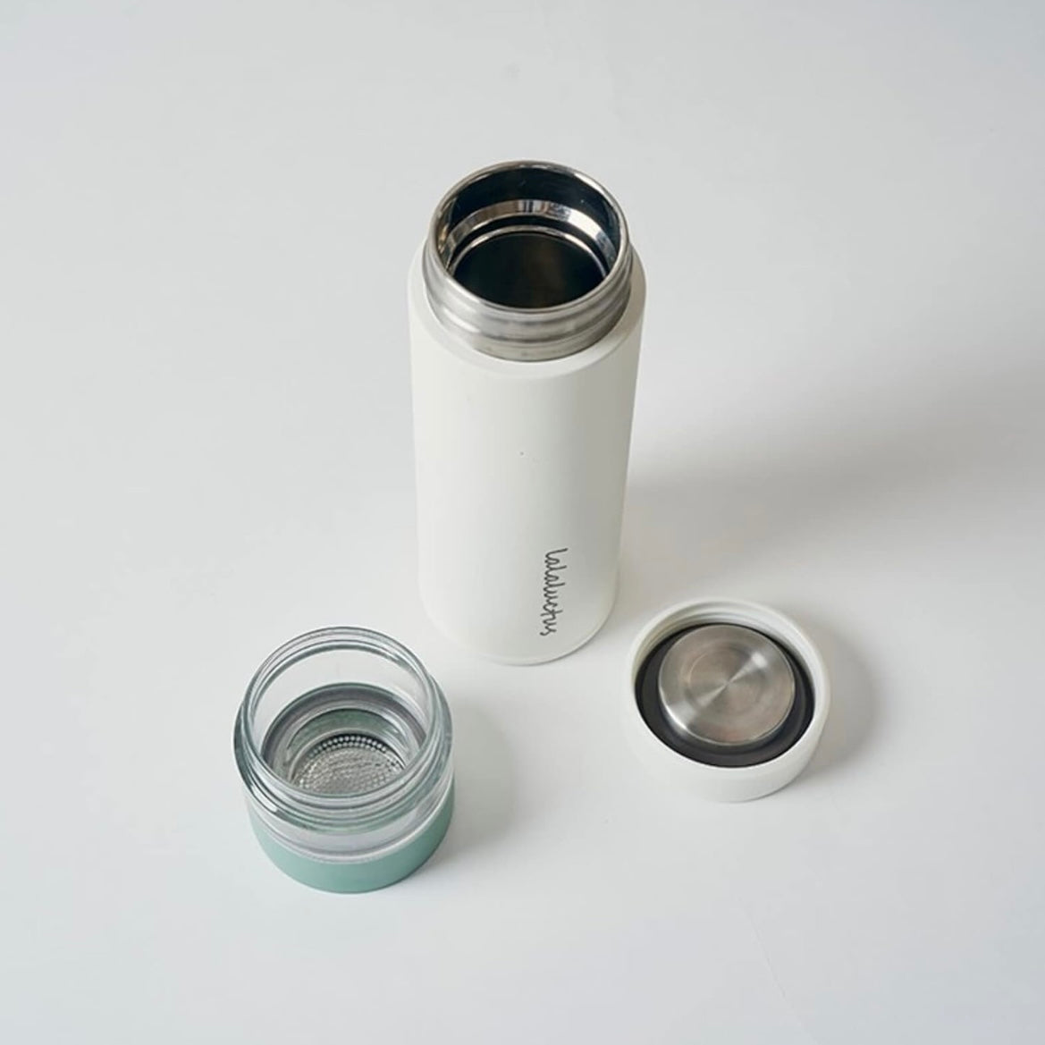 Lalalactus Tea Bottle - Stainless Steel Tumbler with Tea Strainer - Cream White - 400 ml