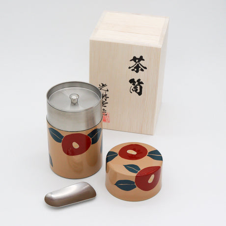 Korindo Echizen: Urushi Tea Canister Shiro-Tsubaki - 光琳堂 越前漆器: うるし茶筒「白椿」