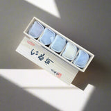 Seiangama: Carved Design Mino-yaki Guinomi Cup 5 Piece Set with Wooden Box 削ぎ五様ぐい呑揃