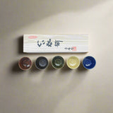 Seiangama: Carved Design Mino-yaki Guinomi Cup 5 Piece Set with Wooden Box 削ぎ五様ぐい呑揃