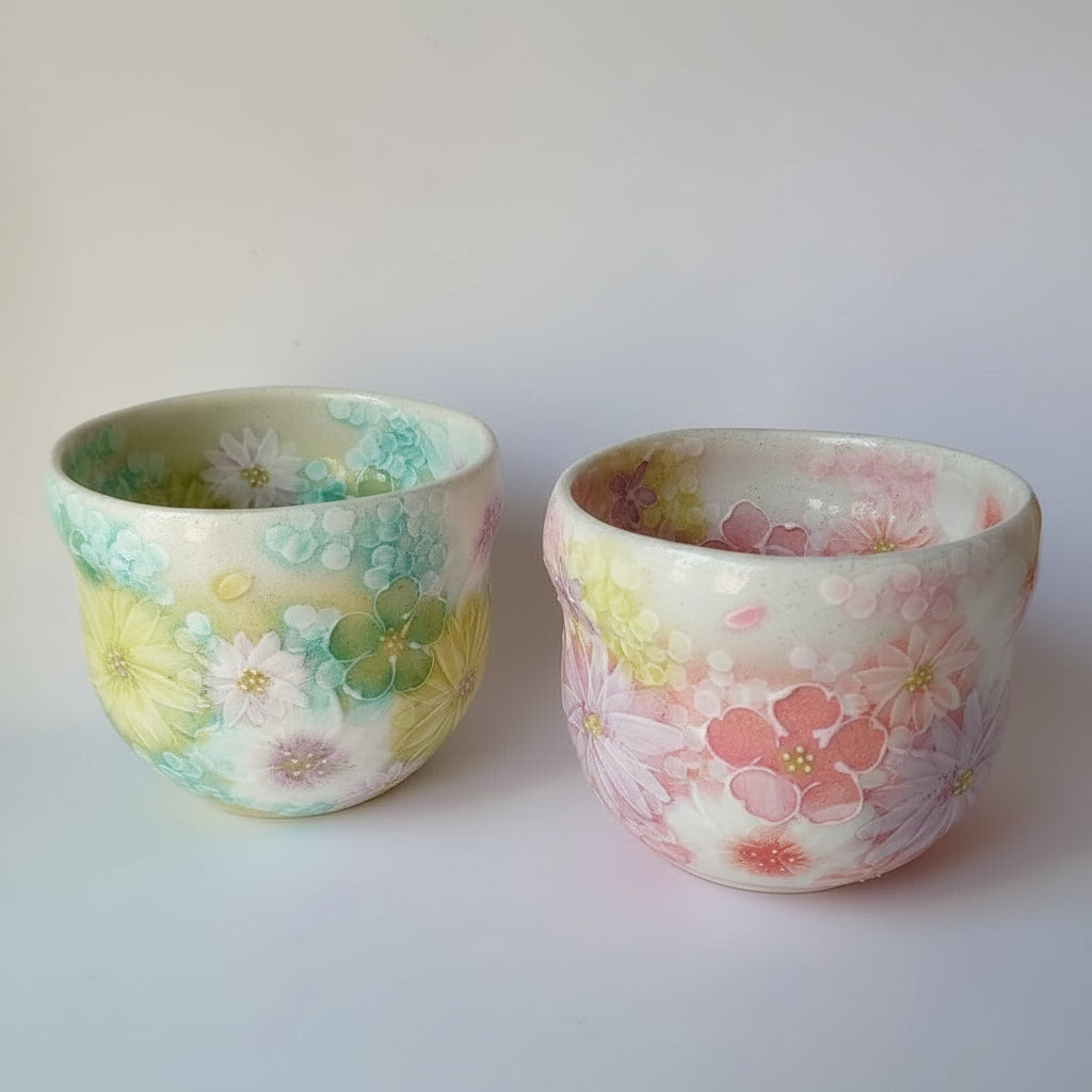 Yuzuriha Studio: Handmade Tea Cup (Two-piece set) - Handwritten floral pattern - Pink and Green