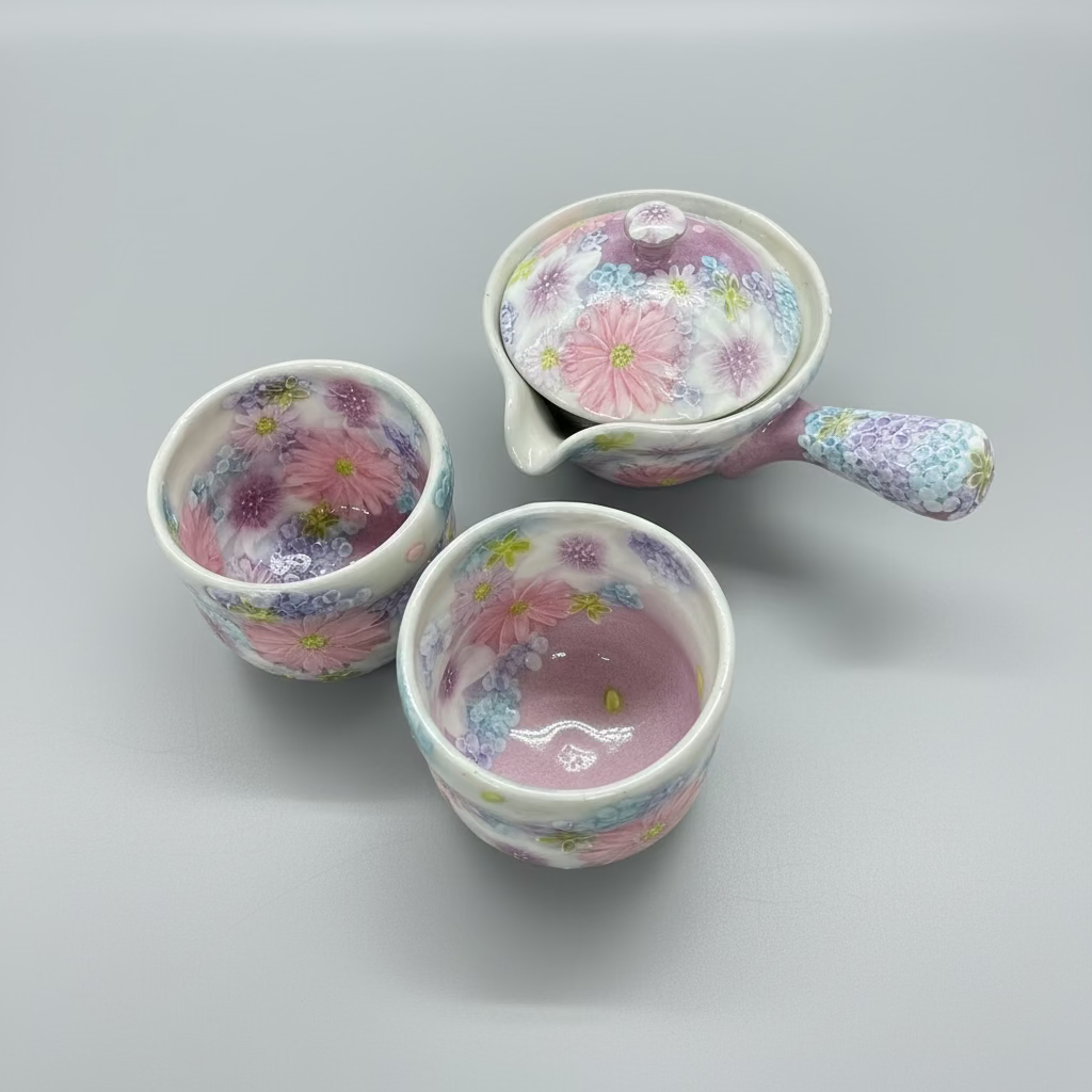 Yuzuriha Studio: Handmade Tea serving set - Tea pot and 2 cups - Handwritten floral pattern Light Purple