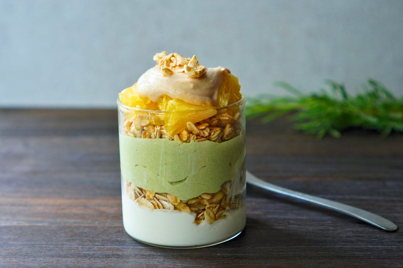 layered of granola, green tea yogurt, kinako yogurt and fruits recipe by yunomi.life