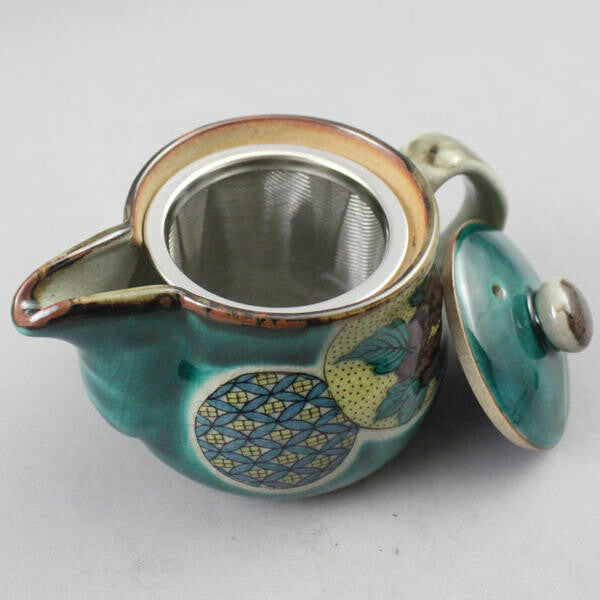 Marumon Pattern Kutaniyaki Kutsurogi Tea Set - Green Background with Marumon Pattern ...