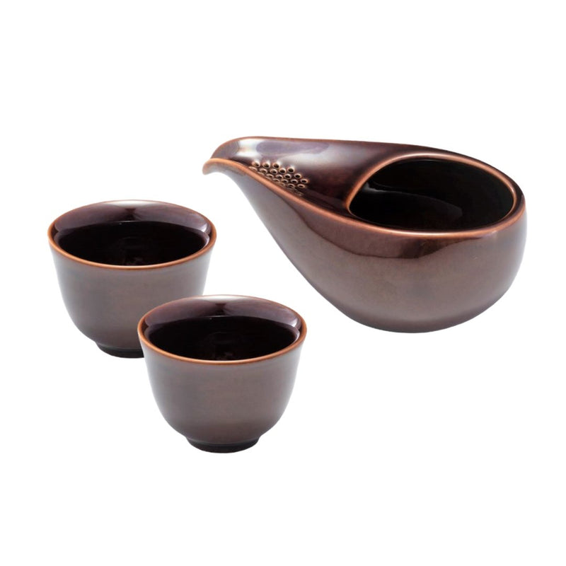 Fujisou: Glazed Brown Bankoyaki Hitoshizuku Kyusu Set - Tea Pot + 2 cups ひとしずくとしずく碗２杯（小） - Yunomi.life