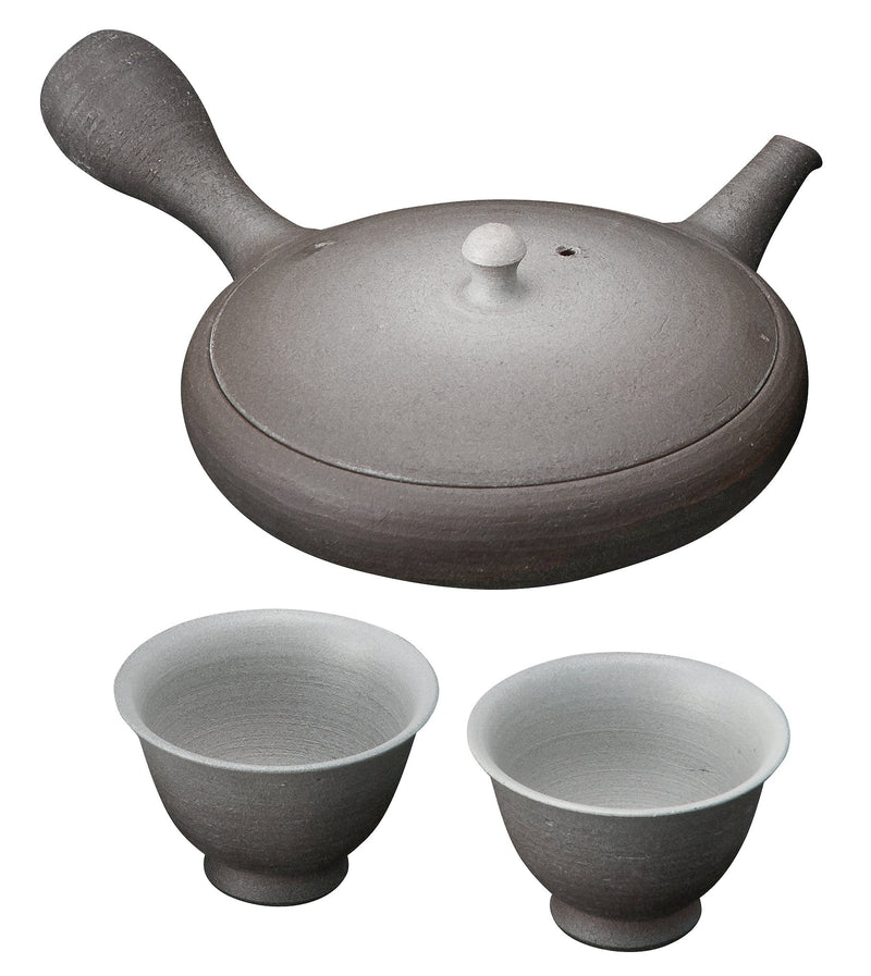 Kenzan Kiln: Tokonameyaki Grey Fading Kyusu Tea Pot (100ml ) with Two Tea cups (30ml), packed in a wooden gift box - Yunomi.life
