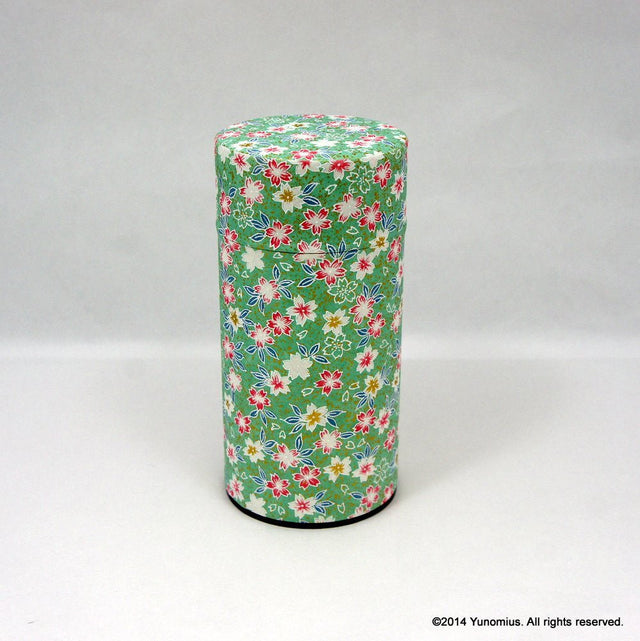 Okumura Seikan 775: Tea Canister, Chiyogami Washi Paper - Sakura Green (Size for 175g) - Yunomi.life