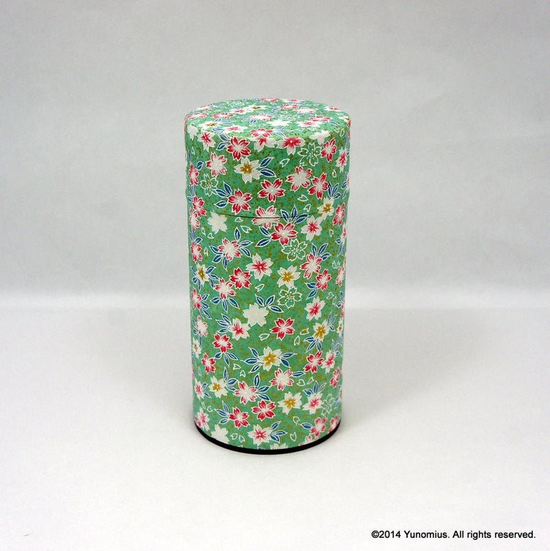 Okumura Seikan 775: Tea Canister, Chiyogami Washi Paper - Sakura Green (Size for 175g) - Yunomi.life